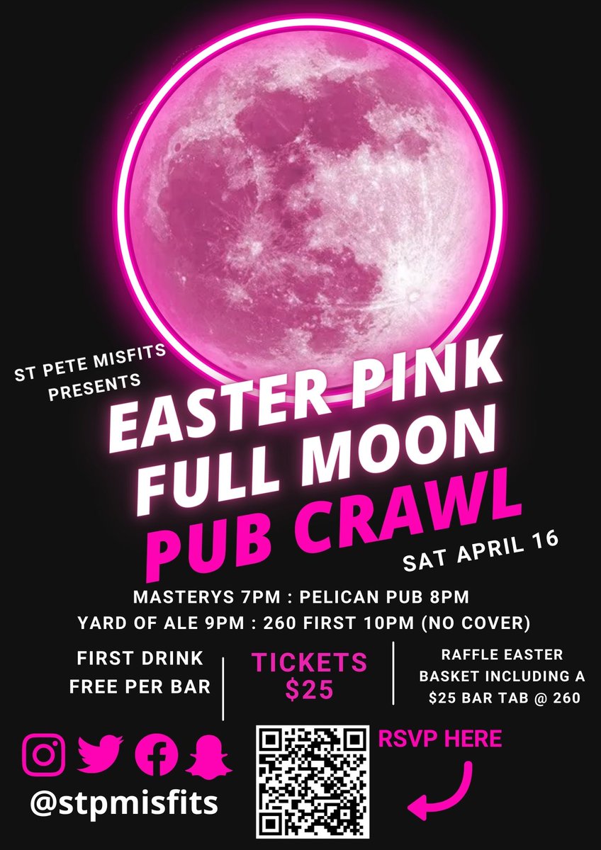 stpmisfits's tweet photo. Join us this Saturday in dtsp for our Easter Pink Full Moon Pub Crawl #dtsp #pubcrawl #mastrys #yardofale #pelicanpub #260first @260First https://t.co/0DVH6X1IVi https://t.co/S6jvyGJran