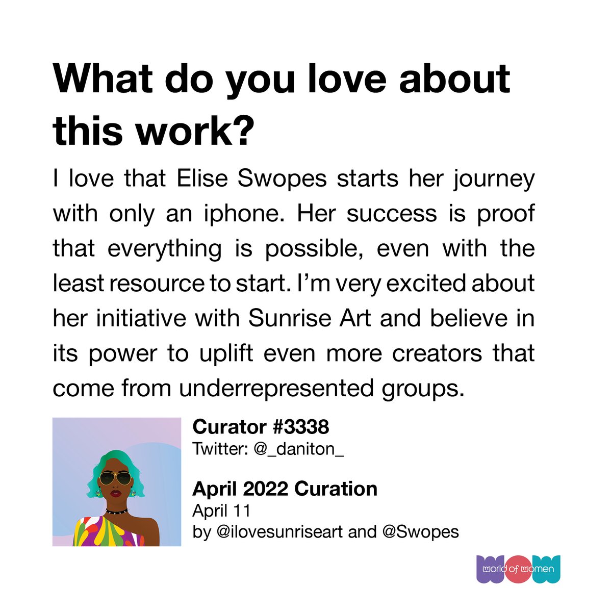worldofwomenxyz's tweet photo. 🖼 WoWFund April curation 🖼

We acquired "April 11" by @ilovesunriseart, curated by @daniton 🙌

Sunrise Art Club is a DAO that utilizes NFTs by @Swopes as the utility token to accelerate WOC projects 🌞 Justice, Opportunity, and Community are a few of the shared values 💪 https://t.co/GAbaHHDxeA