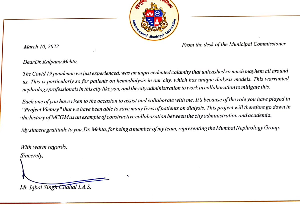 NairTnmc's tweet image. Few words of appreciation work wonders. The work of MCGM during covid pandemic is commandable. Apprciation letter from Hon. MC, MCGM to the proud team members of #ProjectVictory. Our Dean Dr. Kalpana Mehta Madam&apos;s contribution is outstanding as nephrologist. #TNMC