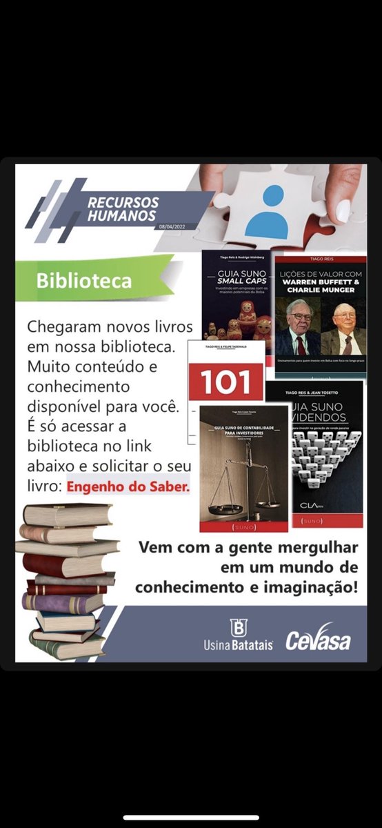 Tiagogreis's tweet photo. Usina Batatais, uma das maiores produtoras de açúcar &amp; álcool, usando nossos livros na biblioteca. 😍 https://t.co/U6UkuclD2s