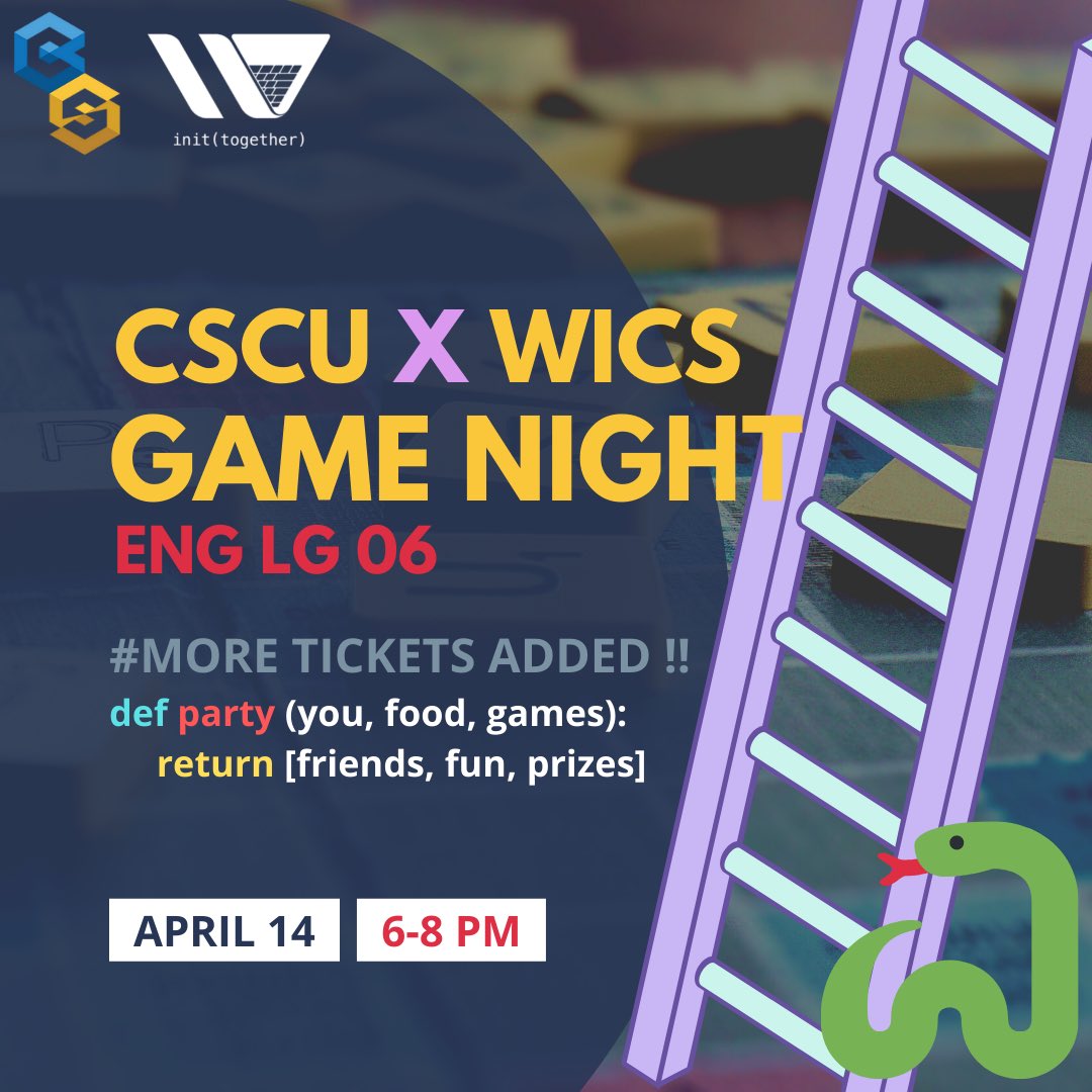tmu_wics's tweet photo. We did not expect tickets for CSCUxWiCS Game Night to sell out so fast! So we've added MORE TICKETS and changes to the event!

1. The event will be at ENG LG 06
2. The time of the event has changed to 6-8PM
3. More prizes have been added https://t.co/OnXQS0Fv2i