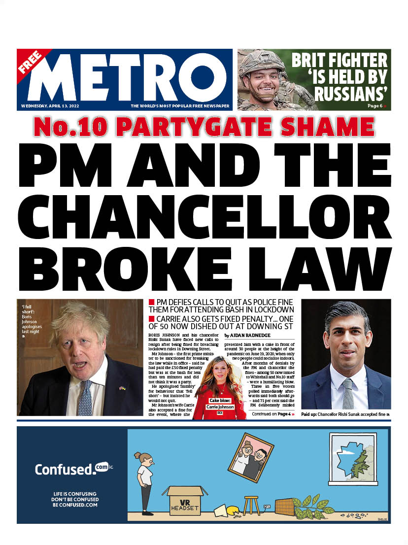 MetroScotland's tweet photo. Wednesday's front page:

PM AND THE
CHANCELLOR
BROKE LAW

#tomorrowspaperstoday #scotpapers #BBCPapers #skypapers https://t.co/o7OMmsZyFR