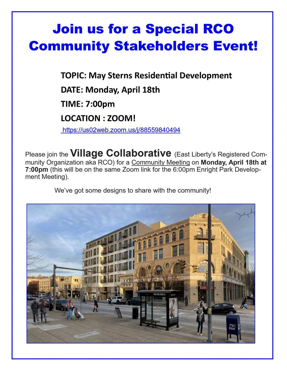 EnrightPark's tweet photo. … AND just after the meeting abt Enright, at 7 PM via Zoom, the Village Collaboratibe will be hosting a meeting to talk abt the redevelopment of the May Sterns Building, adjacent to the @KSTheater … 4/x https://t.co/e49JkOywxf
