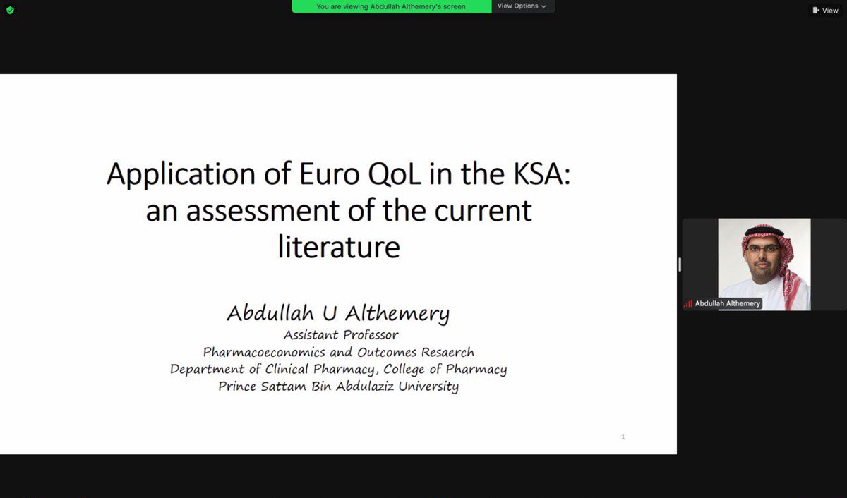 ISPOR_KSU's tweet photo. TODAY! ISPOR-KSU Student Chapter hosted Dr. Abdullah Althemery to present a webinar titled: Application of Euro QoL in the KSA: an assessment of the current literature. 
#ISPORstudents #ISPOR2022 #HEOR https://t.co/xih5iYVHMQ