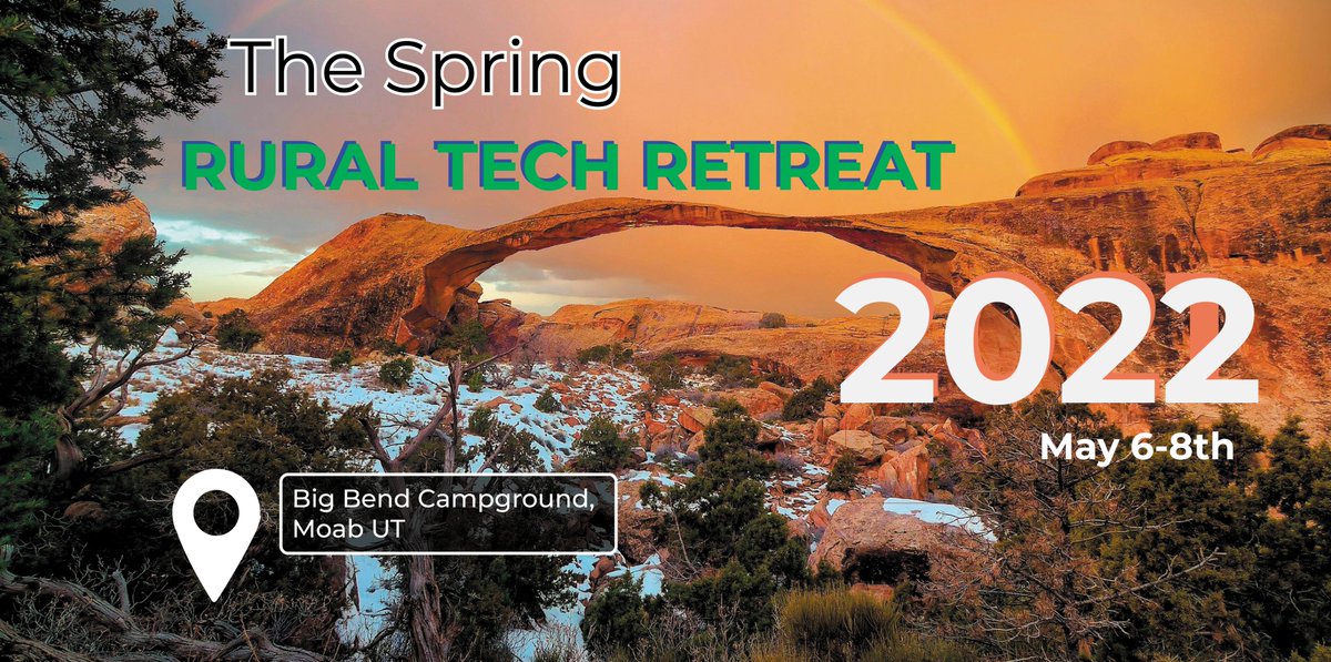 WestSlopeCOTech's tweet photo. The 2022 Spring Rural Tech Retreat is in coming up fast! This is a more casual self organizing event with a basecamp (literally a campground) in Moab Utah.

If you're hoping to have some adventures while connecting with other rural tech folks take a look!

https://t.co/YrBsDwpAi1 https://t.co/R3WPJhCGIO