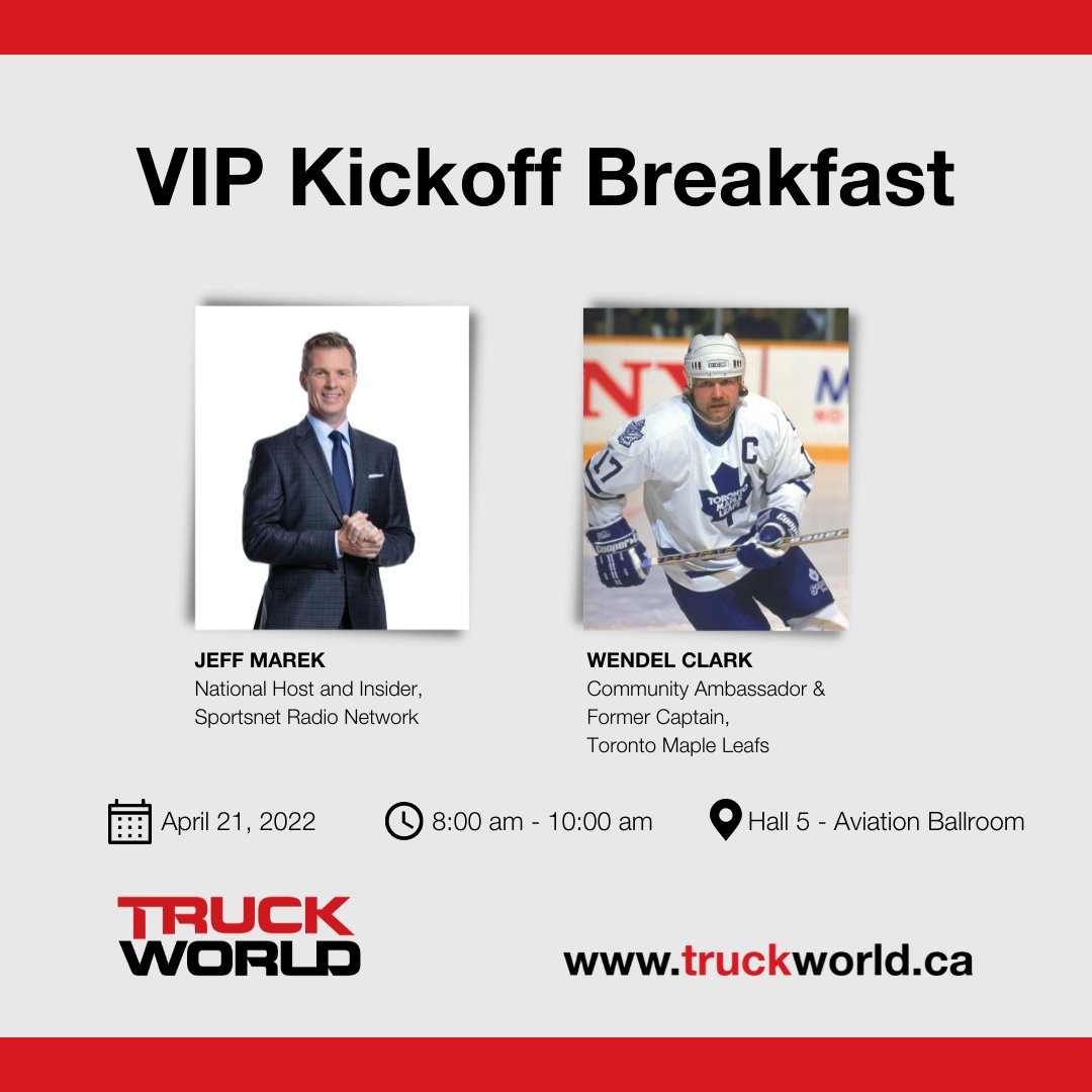 TruckWorldShow's tweet photo. Start your Truck World 2022 with a networking breakfast.
Register for our VIP breakfast and listen to Jeff Marek, SPORTNET TV host and personality and Wendel Clark, former captain of Toronto Maple Leafs.
@JeffMarek, @wendelclark17
#truckworldshow #trucking #HR #vipbreakfast https://t.co/t0KUt22xDq