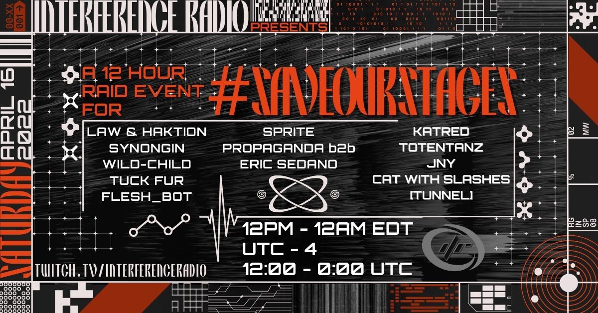 InterferenceRa2's tweet photo. 4/16: Twitch raid event to benefit the National Independent Venue Association of the US! Hardtechno/Dark Techno 12 hr event starting at 12PM (Noon) EDT (NYC) and ending at 12AM (Midnight) EDT -more info https://t.co/pYkTZaX4Bw #hardtechno #darktechno #techno https://t.co/NASWiynLhc