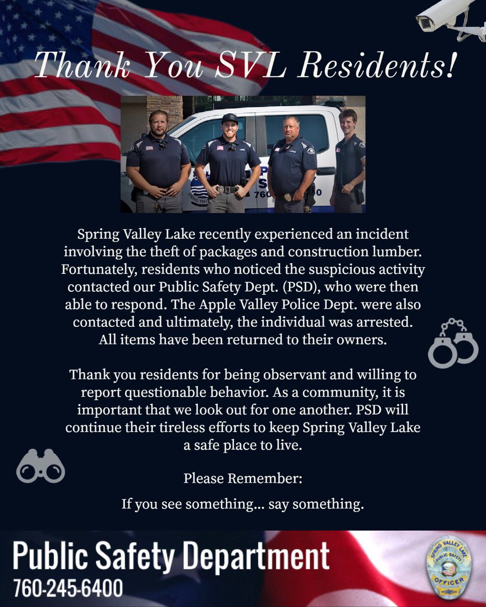 SVL_Association's tweet photo. If you see any suspicious activity, please call PSD at (760)245-6400🤳. Thank you! https://t.co/yL0JZ1SRDp