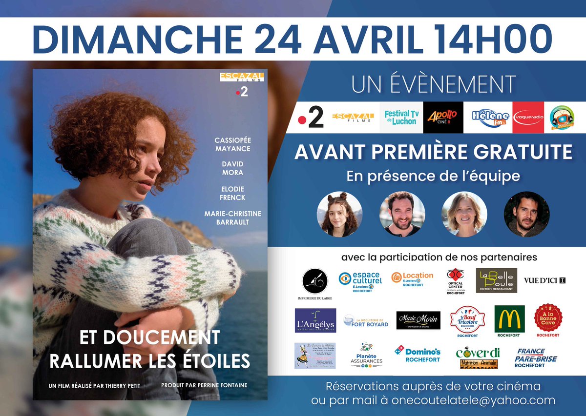 "Et doucement rallumer les étoiles" : Un film bouleversant qui traite du mal être et du suicide chez les adolescents .....
En avant première au cinéma Apollo de Rochefort le dimanche 24 avril à 14h avec les principaux acteurs, la productrice, la scénariste et le réalisateur ! 🙏