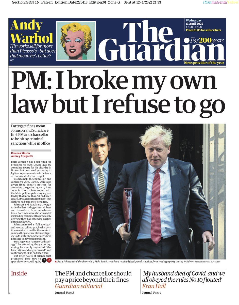 Guardian front page, Wednesday 13 April 2022: PM: I broke my own law but I refuse to go