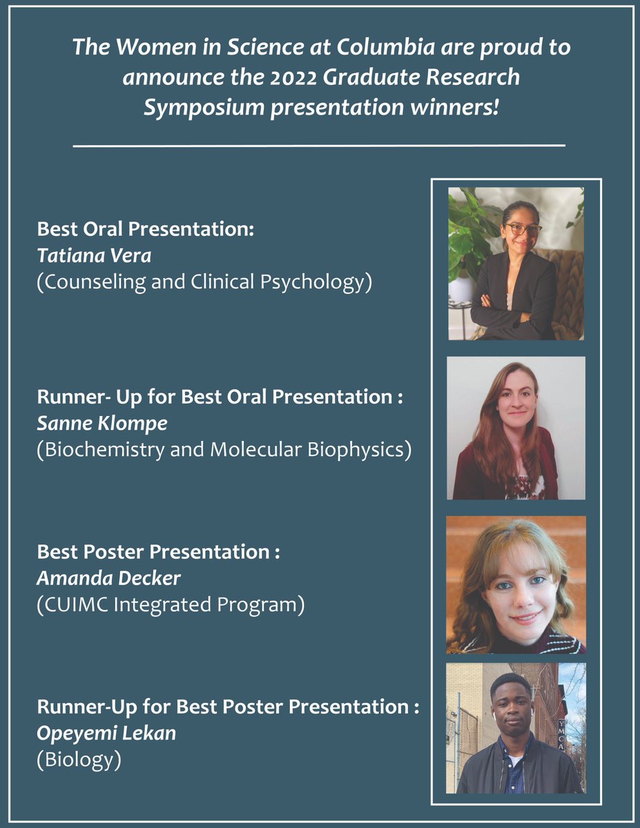 ColumbiaWIS's tweet photo. A huge thanks to everyone who came to our Graduate Research Symposium this Saturday and to all of our presenters &amp; panelists. Congratulations to our student oral and poster presentation winners @xTatianaMarie, @SanneKlompe, Amanda Decker and Opeyemi Lekan! https://t.co/qj2IjfSUJG