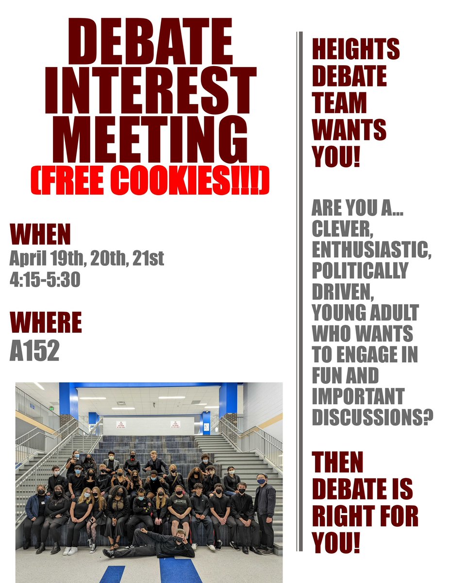 If you are interested in debate or have any questions about joining, stop by Mr. Chao's room next week! There will be games, cookies, and the perfect opportunity to roast Chao. Come say hi!!!