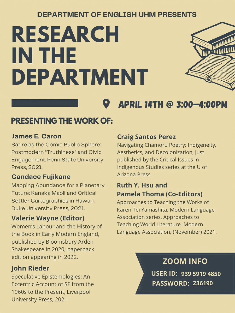 Join us on April 14th to celebrate our faculty and their research in the department! Join us on zoom @ 3pm!

#ExploreUHM
#UHMEng
#WhyStudyEng
#books
#writing
#hawaii