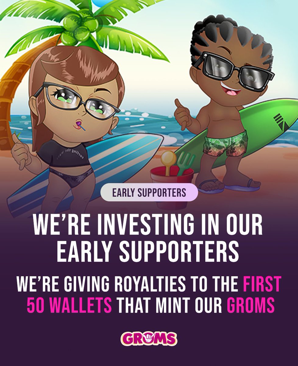 Groms_NFT's tweet photo. The 50 early #Groms who mint, we will add royalties to one NFT for you, that means you get those royalties forever on the sale of that specific Groms!  #NFTs #NFT #GIVEAWAY #DISCORD 

JOIN OUR DISCORD >> https://t.co/3JDqiYM7ud https://t.co/E9gR4zFEu9