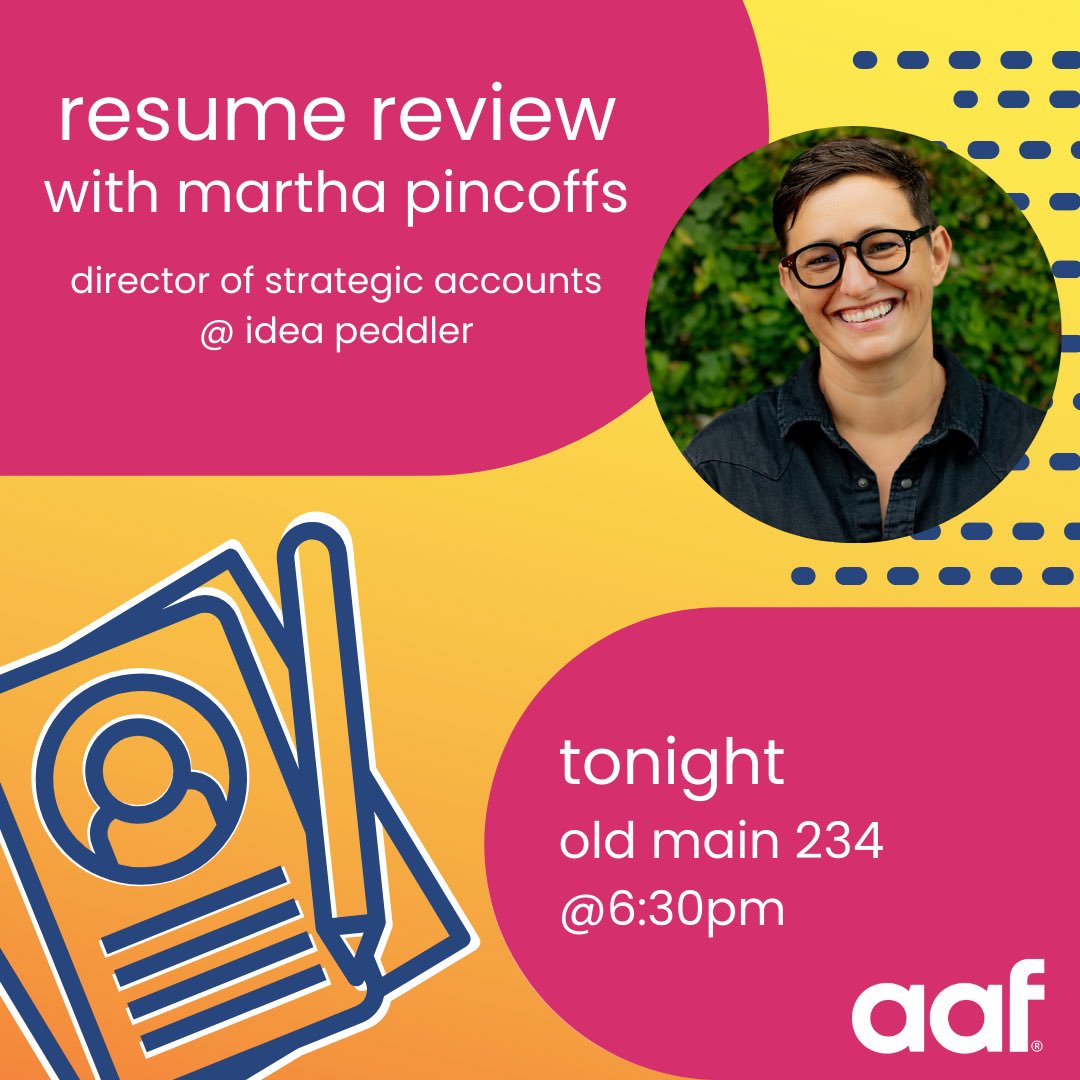 aaftxst's tweet photo. Don’t miss out: join us TONIGHT for resume revamping, networking and pizza!! We’ll see y’all soon- 6:30PM in OM234 😎

#aaftxst #txst #txstsjmc #ad2austin #aaf https://t.co/i4mOSktdu6