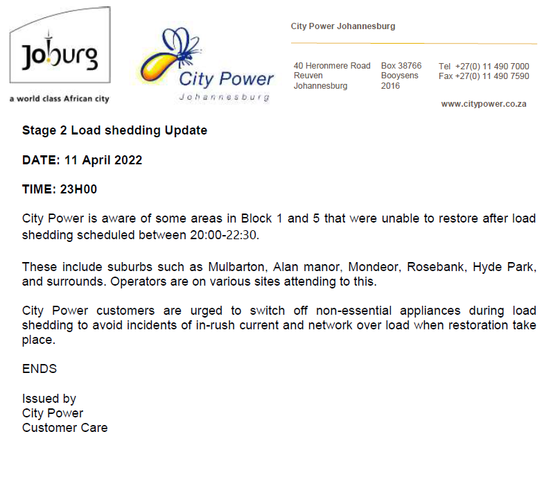 CityPowerJhb's tweet photo. #Stage2 Loadshedding Update

#Mondeor #Rosebank #Mulbarton 
We're aware of areas in Blocks 1 and 5 that were unable to restore following loadshedidng. ^DR https://t.co/G1xIE0tKfR