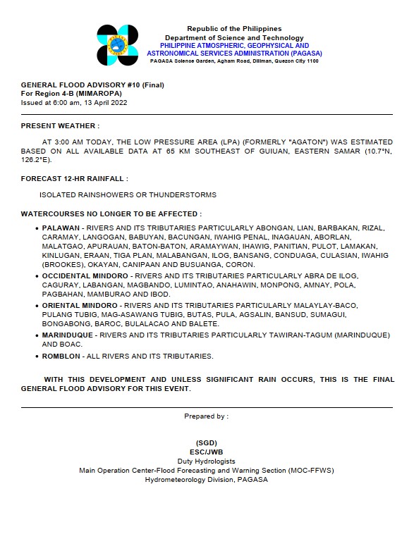 dost_pagasa's tweet photo. General Flood Advisories (GFAs)
Issued @ 6AM, 13 April 2022
REG 4A (CALABARZON) - #GFA3
REG 4B (MIMAROPA) - #GFA10 Final
REG 5 (Bicol Region) - #GFA13
REG 6 (Western Visayas) - #GFA15 https://t.co/AeO5grHQ0S
