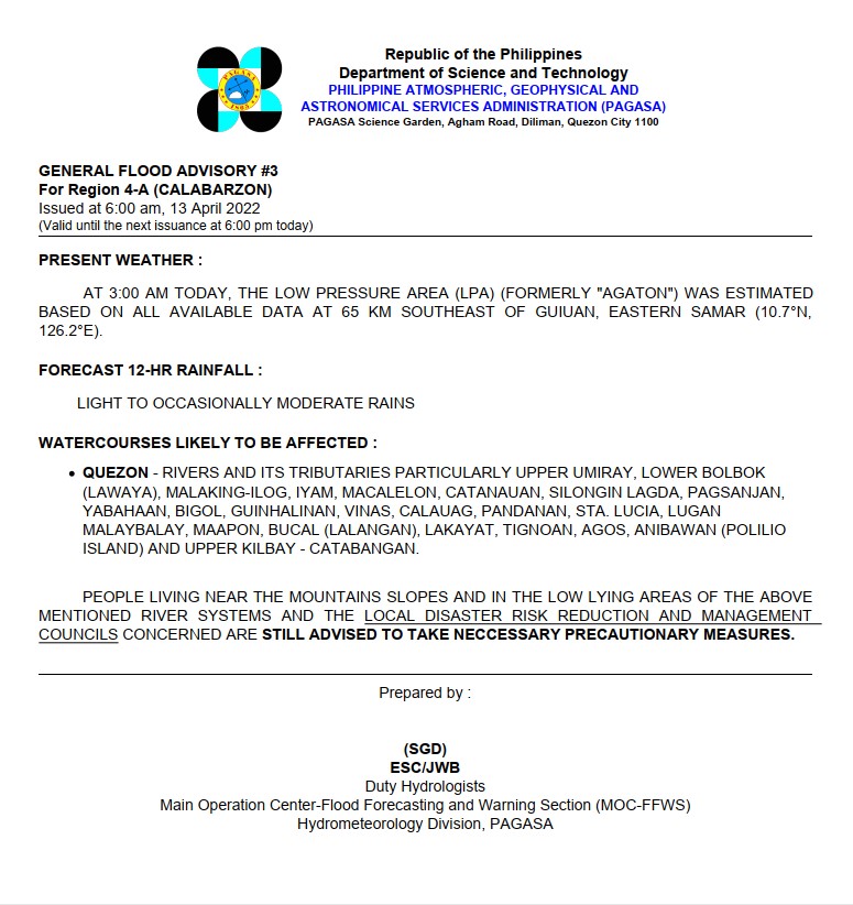 dost_pagasa's tweet photo. General Flood Advisories (GFAs)
Issued @ 6AM, 13 April 2022
REG 4A (CALABARZON) - #GFA3
REG 4B (MIMAROPA) - #GFA10 Final
REG 5 (Bicol Region) - #GFA13
REG 6 (Western Visayas) - #GFA15 https://t.co/AeO5grHQ0S