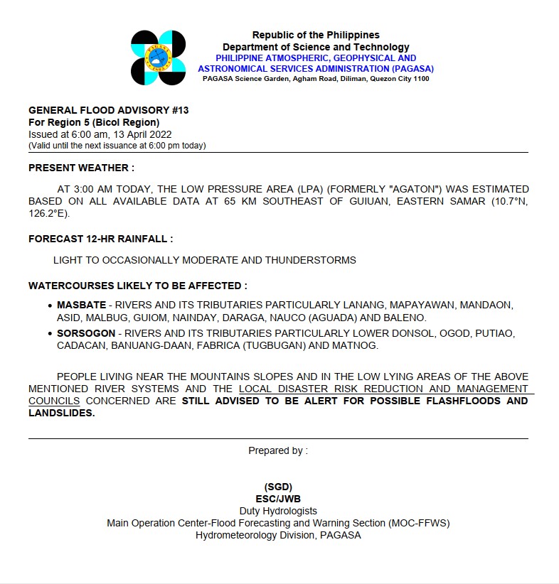 dost_pagasa's tweet photo. General Flood Advisories (GFAs)
Issued @ 6AM, 13 April 2022
REG 4A (CALABARZON) - #GFA3
REG 4B (MIMAROPA) - #GFA10 Final
REG 5 (Bicol Region) - #GFA13
REG 6 (Western Visayas) - #GFA15 https://t.co/AeO5grHQ0S