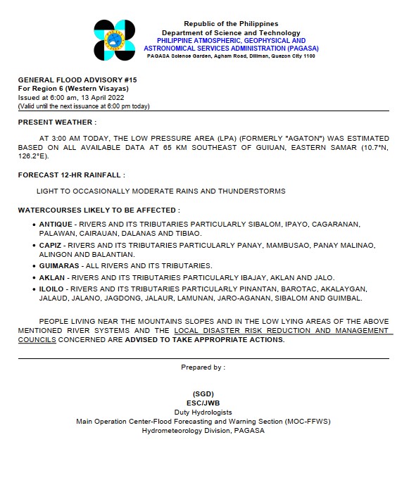 dost_pagasa's tweet photo. General Flood Advisories (GFAs)
Issued @ 6AM, 13 April 2022
REG 4A (CALABARZON) - #GFA3
REG 4B (MIMAROPA) - #GFA10 Final
REG 5 (Bicol Region) - #GFA13
REG 6 (Western Visayas) - #GFA15 https://t.co/AeO5grHQ0S