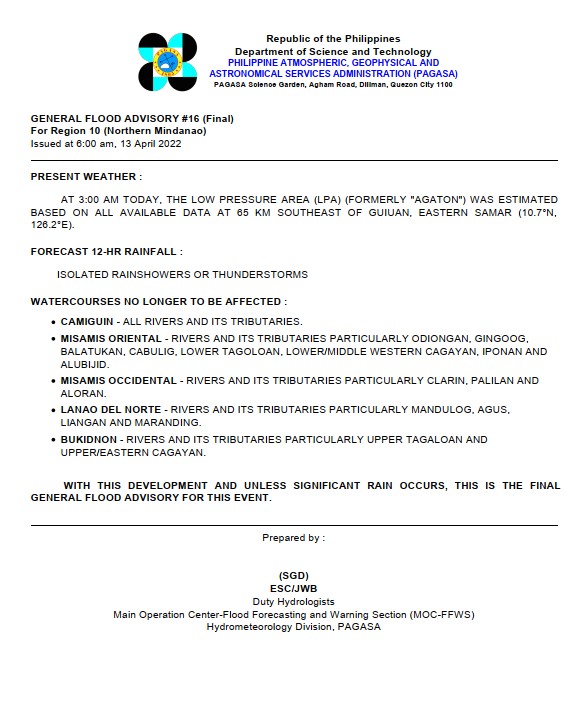 dost_pagasa's tweet photo. General Flood Advisories (GFAs)
Issued @ 6AM, 13 April 2022
REG 7 (Central Visayas) - #GFA15
REG 8 (Eastern Visayas) - #GFA17
REG 9 (Zamboanga Peninsula) -#GFA2 Final
REG 10 (Northern Mindanao) - #GFA16 Final https://t.co/Ox6wpPrd7f