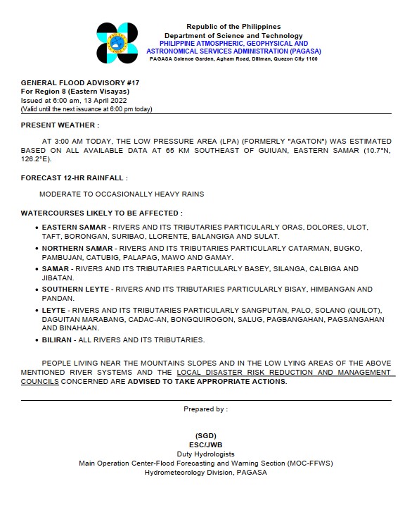 dost_pagasa's tweet photo. General Flood Advisories (GFAs)
Issued @ 6AM, 13 April 2022
REG 7 (Central Visayas) - #GFA15
REG 8 (Eastern Visayas) - #GFA17
REG 9 (Zamboanga Peninsula) -#GFA2 Final
REG 10 (Northern Mindanao) - #GFA16 Final https://t.co/Ox6wpPrd7f