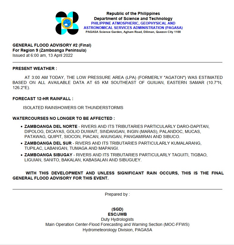 dost_pagasa's tweet photo. General Flood Advisories (GFAs)
Issued @ 6AM, 13 April 2022
REG 7 (Central Visayas) - #GFA15
REG 8 (Eastern Visayas) - #GFA17
REG 9 (Zamboanga Peninsula) -#GFA2 Final
REG 10 (Northern Mindanao) - #GFA16 Final https://t.co/Ox6wpPrd7f