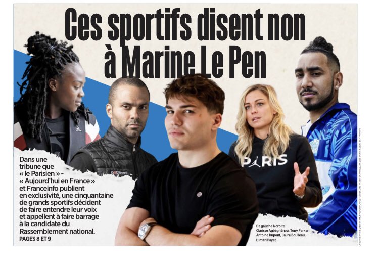 Merci à ces sportifs de prendre la parole publiquement face au risque #LePen. 

Nous avons besoin d’une France unie. Le #sport est fait d’amitié et de respect. Il est le lieu de la mixité. Il est un vecteur de rassemblement. 

<a href="/le_Parisien/">Le Parisien</a> #direcIDF 
#presidentielles2022