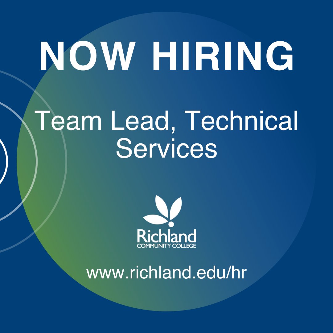 Seeking candidates for a Team Lead in Technical Services. The Team Lead will install, upgrade, support and troubleshoot computer hardware and software throughout the college. Find out more or apply at richland.edu/hr.