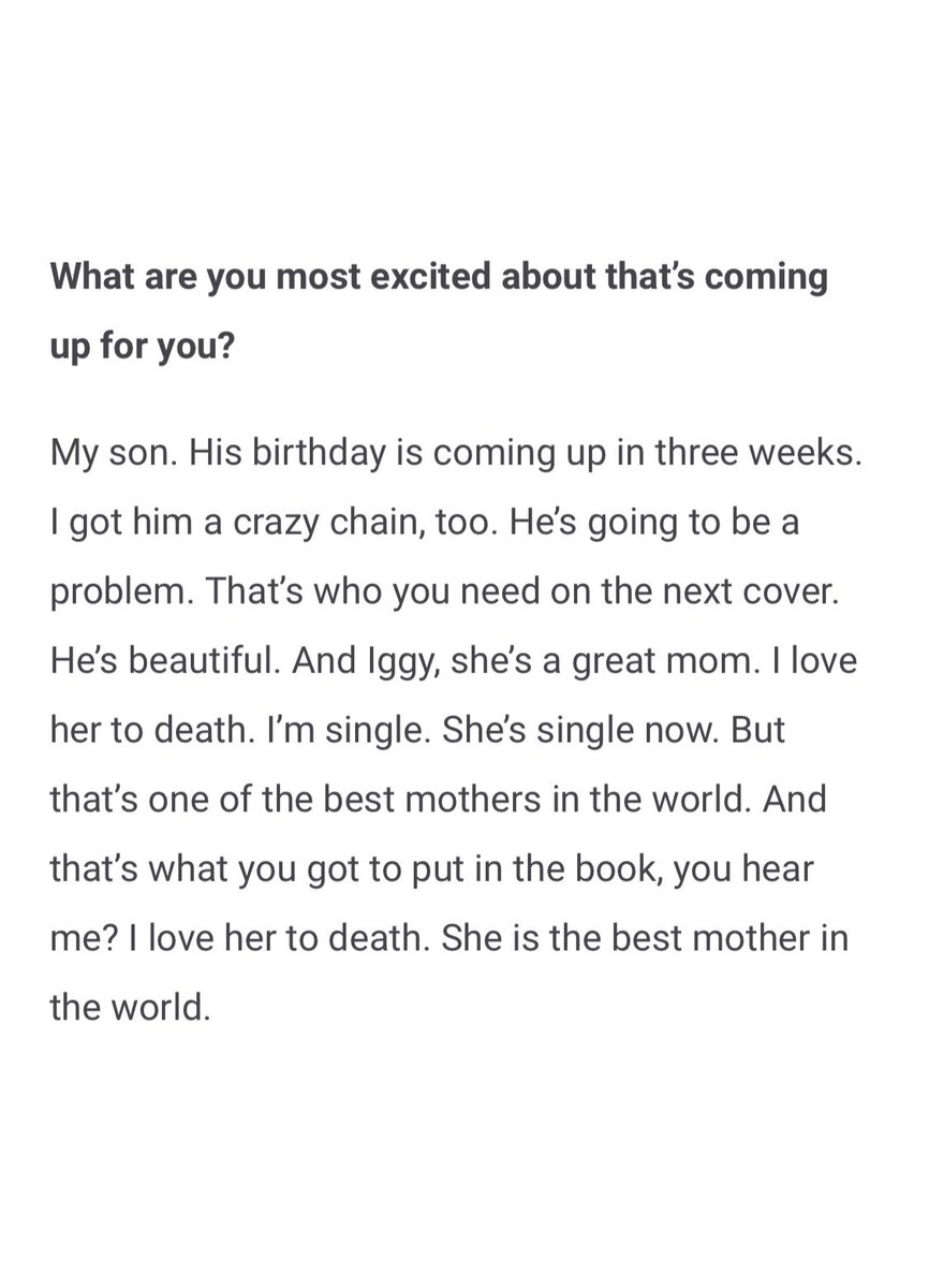 XXL's tweet photo. Playboi Carti on Iggy Azalea:

“And Iggy, she’s a great mom. I love her to death. I’m single. She’s single now. But that’s one of the best mothers in the world. And that’s what you got to put in the book, you hear me? I love her to death. She is the best mother in the world.” https://t.co/RAesLxhAWJ