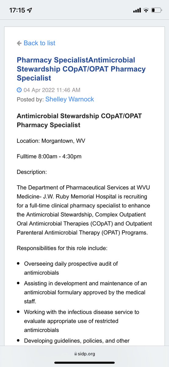 Want to work with an ✨awesome✨ ID team in almost heaven ⛰ at @WVUMedicine practicing in OPAT/COpAT/&amp; stewardship? Look no further! We are hiring an ID pharmacist to join our team! Apply at link below and feel free to reach out with questions 😁 

sidp.org/Jobs/12693550