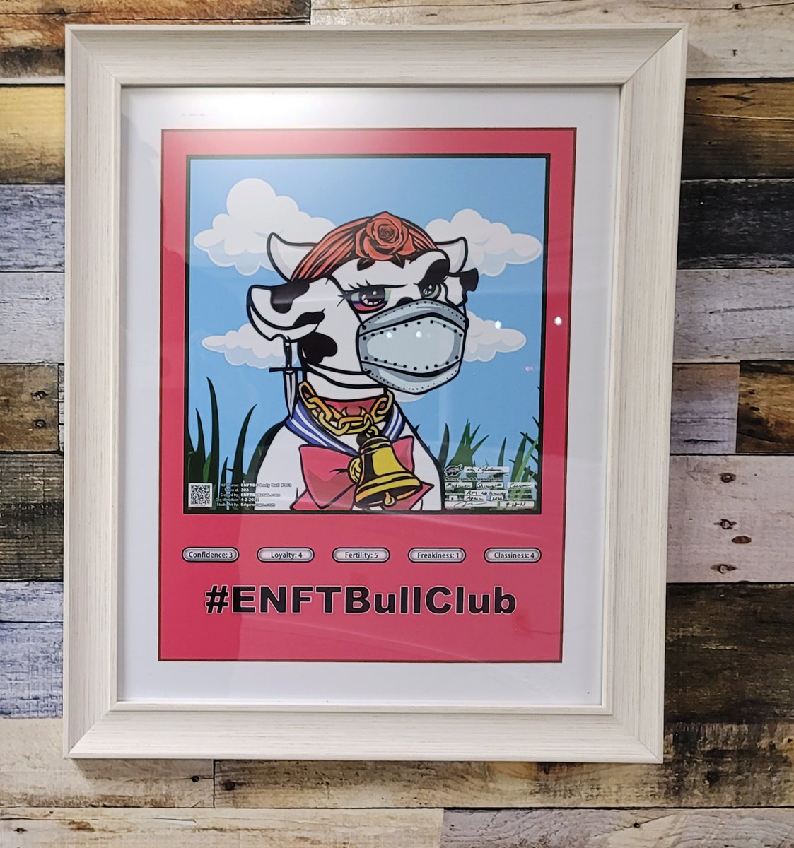 Edgewraps_Roy's tweet photo. I just went and did a crazy thing!  I cut the price in HALF!  Get a Lady Bull and a unique physical Art with all info that is authentic and notarized for authenticity. @ENFTBullClub @ExploreNFT #NFTs https://t.co/vKynUCJhE0