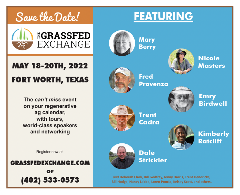 The informative, inspirational, and always fun #GrassFed Exchange will be taking place May 18-20, 2022 in Fort Worth, Texas. Check out the #regenerative potential of the guest speakers! grassfedexchange.com