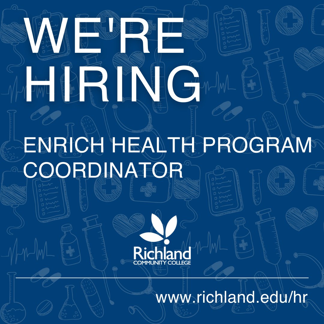 Seeking candidates for The EnRich Health Program Coordinator to work closely with EnRich Health Program Director, assisting in overseeing data and program information as requested for grant reporting and college requests. Find out more or apply at richland.edu/hr.