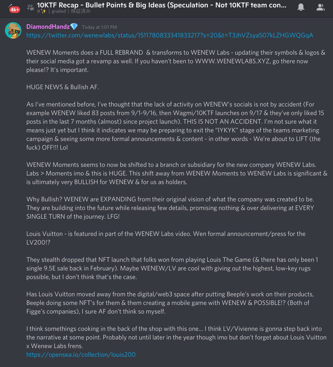 DiamondhandzGMI's tweet photo. I’ve been doing recaps for the @10ktfshop community/discord &amp; for the last 7 months I kept the ALPHA in-house as WENEW has been using discrete “IYKYK” style marketing but with the update to @wenewlabs - I don’t think that’s not the case anymore so here’s the latest update. 🤘🚀✨ https://t.co/oFMFAu1eOA