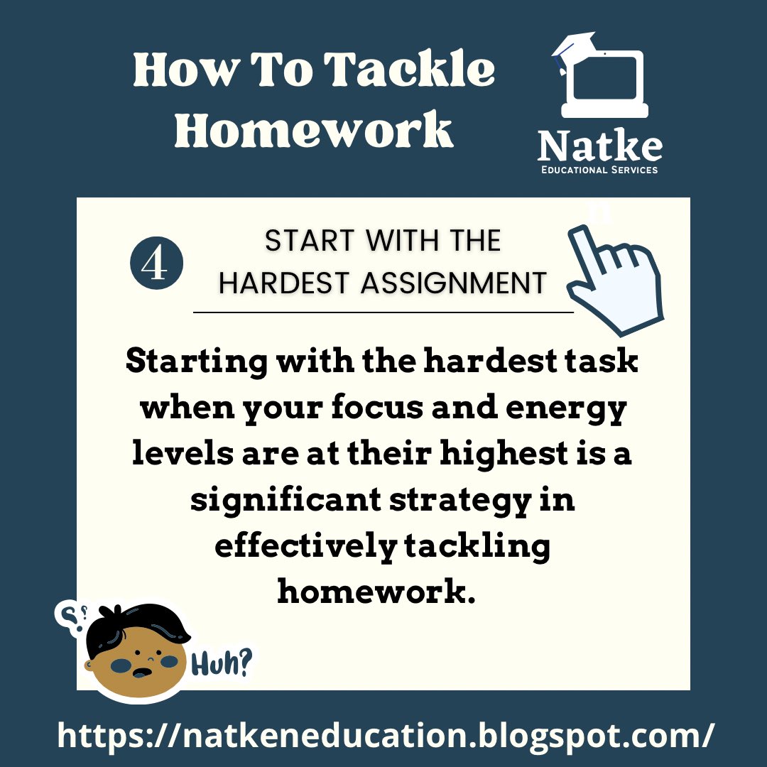 NatkenEducation's tweet photo. Start with your hardest assignment. It’s much more efficient to do your more difficult tasks when your energy and focus levels are high! 

#Natken #NatkenTuesdays #Tips #HomeworkTips #tuesdaytips https://t.co/E7HSHOrmIY