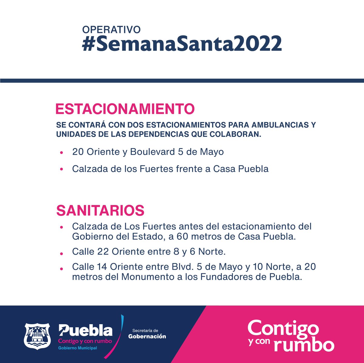 SGGM_Pue's tweet photo. #SEGOM Informa: Durante las celebraciones de #SemanaSantaEnPuebla se habilitarán estacionamientos para ambulancias y unidades oficiales de las dependencias que colaboran 🧑🏽🚒🧑🏾✈️ https://t.co/vrfmF9zb5b