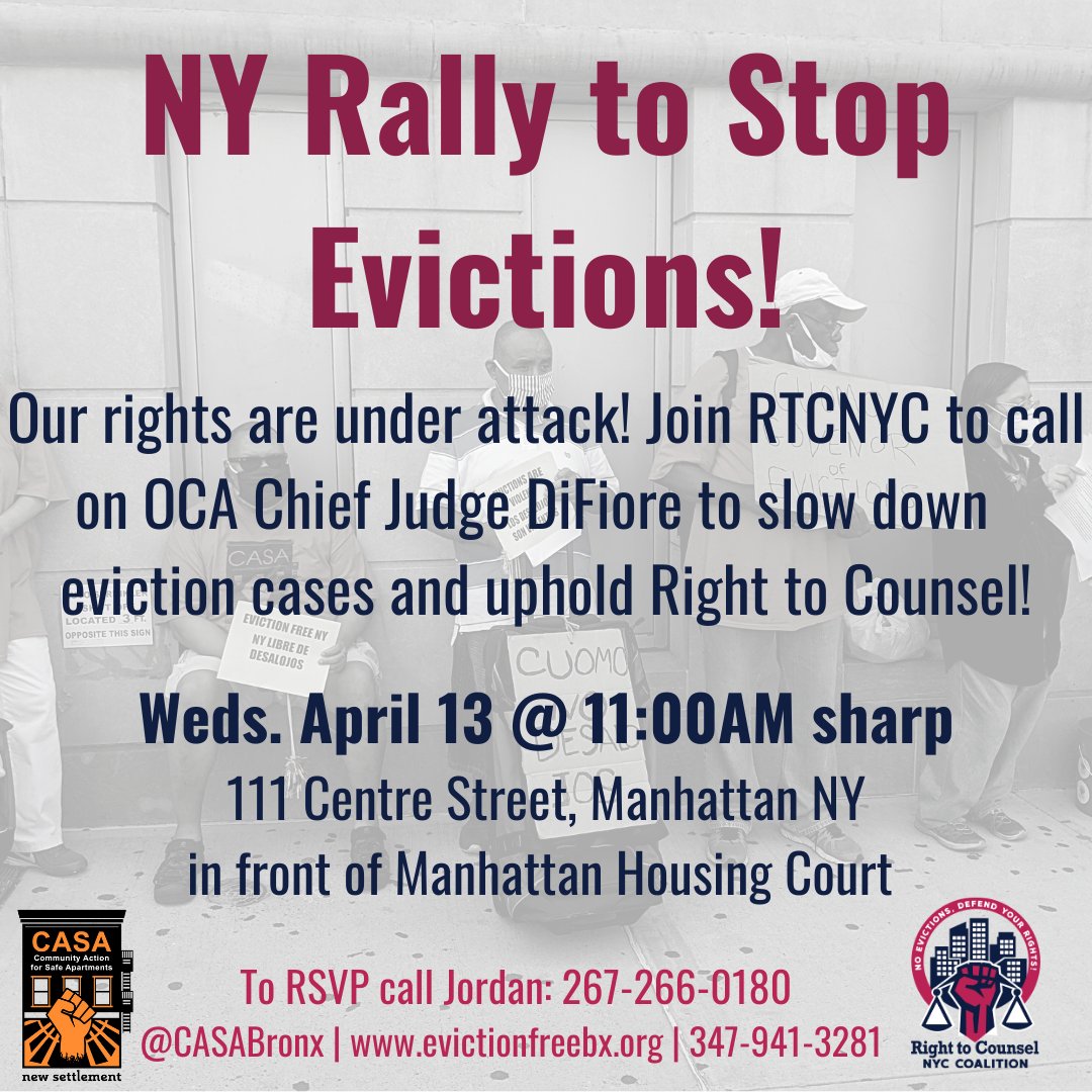 CASAbronx's tweet photo. ALL OUT TO PROTECT #RTCNYC! Join CASA & @RTCNYC @ 11am tomorrow at 111 Centre Street and demand OCA slow down cases! There is no excuse for violating our rights! DM to travel w CASA from the BX #EvictionFreeBX #EvictionFreeNYC #StopEvictions #DefendCommunities https://t.co/mMyBgvrXUb