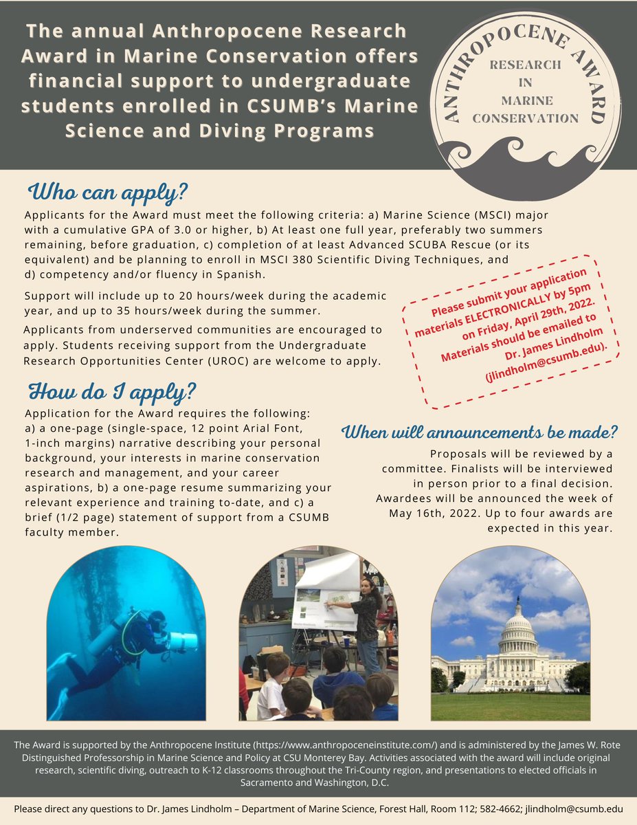CSUMB_MSCI's tweet photo. The Anthropocene Research Award is a unique research opportunity for students enrolled in CSUMB's marine science and diving programs.

See the flyer below for details regarding eligibility and application requirements! 
@csumbscience @CSUMB @clogan_sci @profcgarza https://t.co/tQbm1kgXun