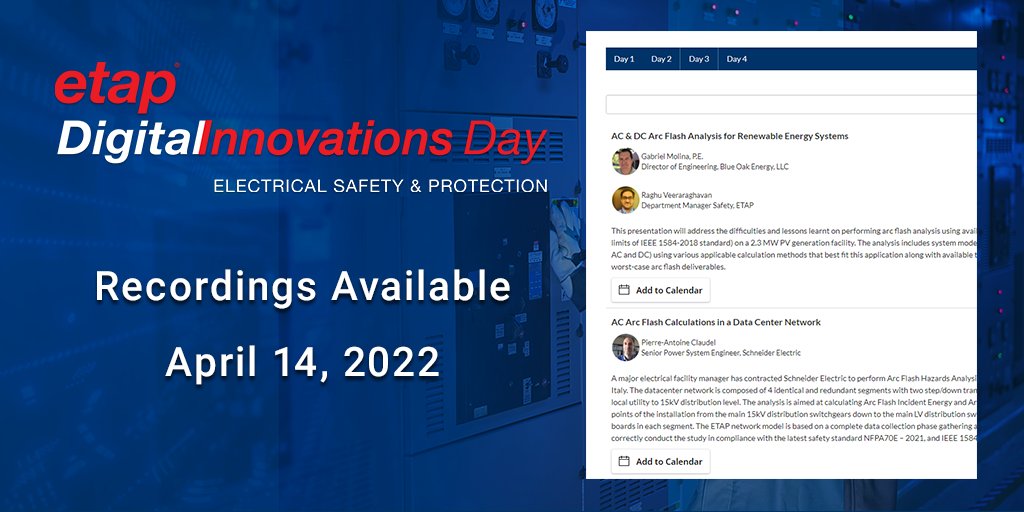 ETAPsoftware's tweet photo. On-demand videos of ALL presentations will be ready on April 14, 2022. Remember to register to view. https://t.co/q1wABFHqS5   #etap #electricalsafety #electricalprotection #powersystems #groundgrid #arcflash https://t.co/O1KTRRnyJG