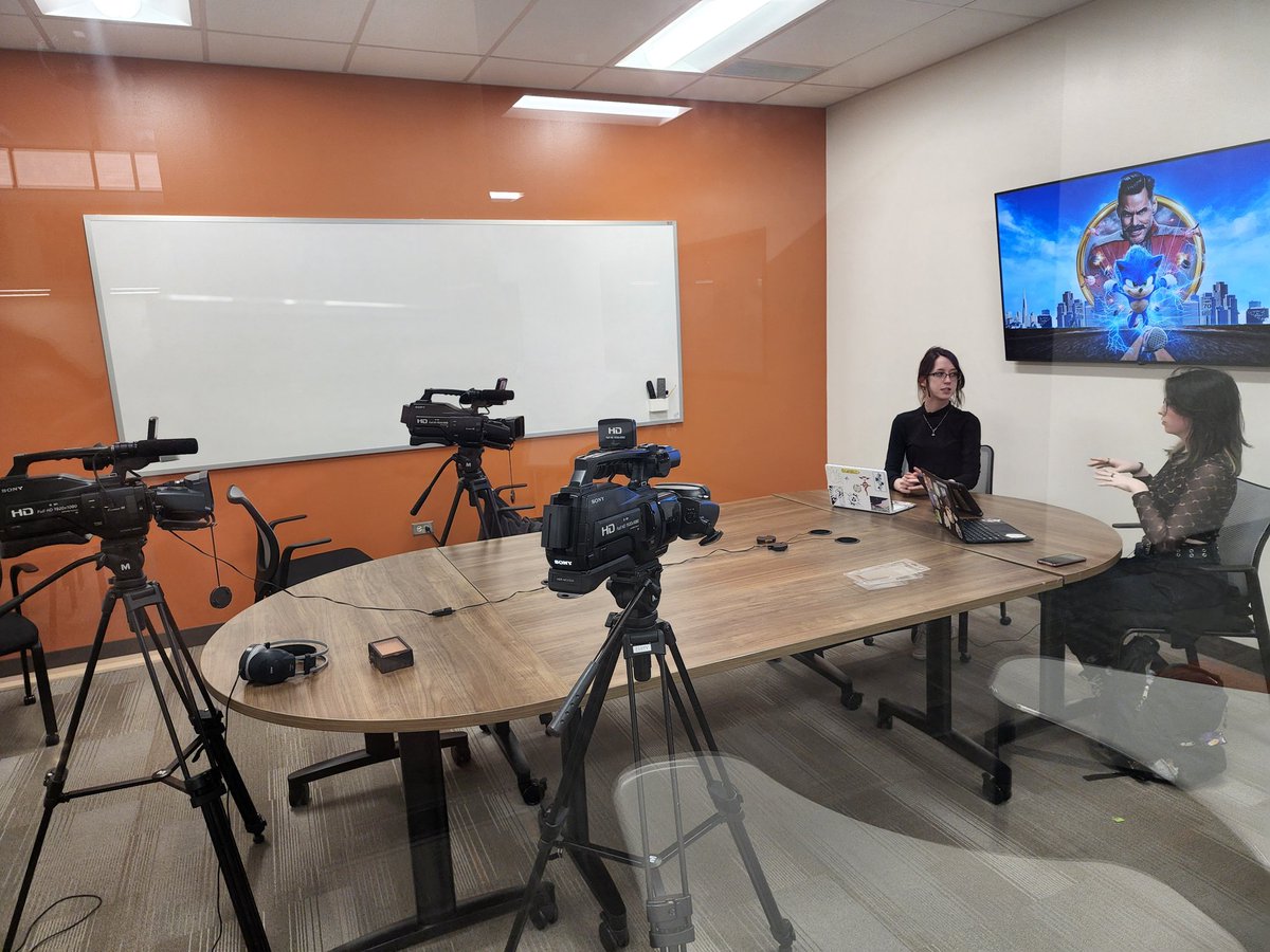 AstroworldMedia's tweet photo. Michelle @ZelinskiAstro22 and Addisin @AstroMediaAddy film a multi-camera podcast after school about the latest Sonic movie https://t.co/PzOaowaDGW