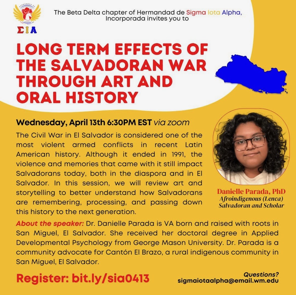 wm_sia's tweet photo. Join us Wednesday April 13th at 6:30PM with @sadgirldanny via zoom for a great event regarding the long term effects of the Salvadoran War through art and oral history! Click here to register: https://t.co/Rln0OrTaqv SIA there! https://t.co/zTEANjFEM8