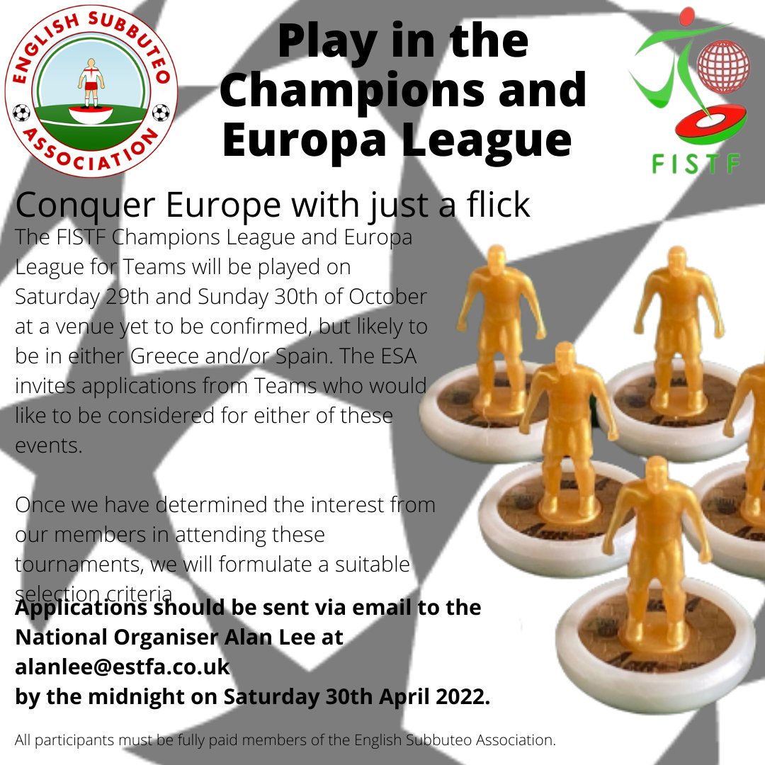 Conquer Europe. This is your time to win the Champions Europa League. Get in touch with Alan Lee to find how your team or club  could find European success #Subbuteo
