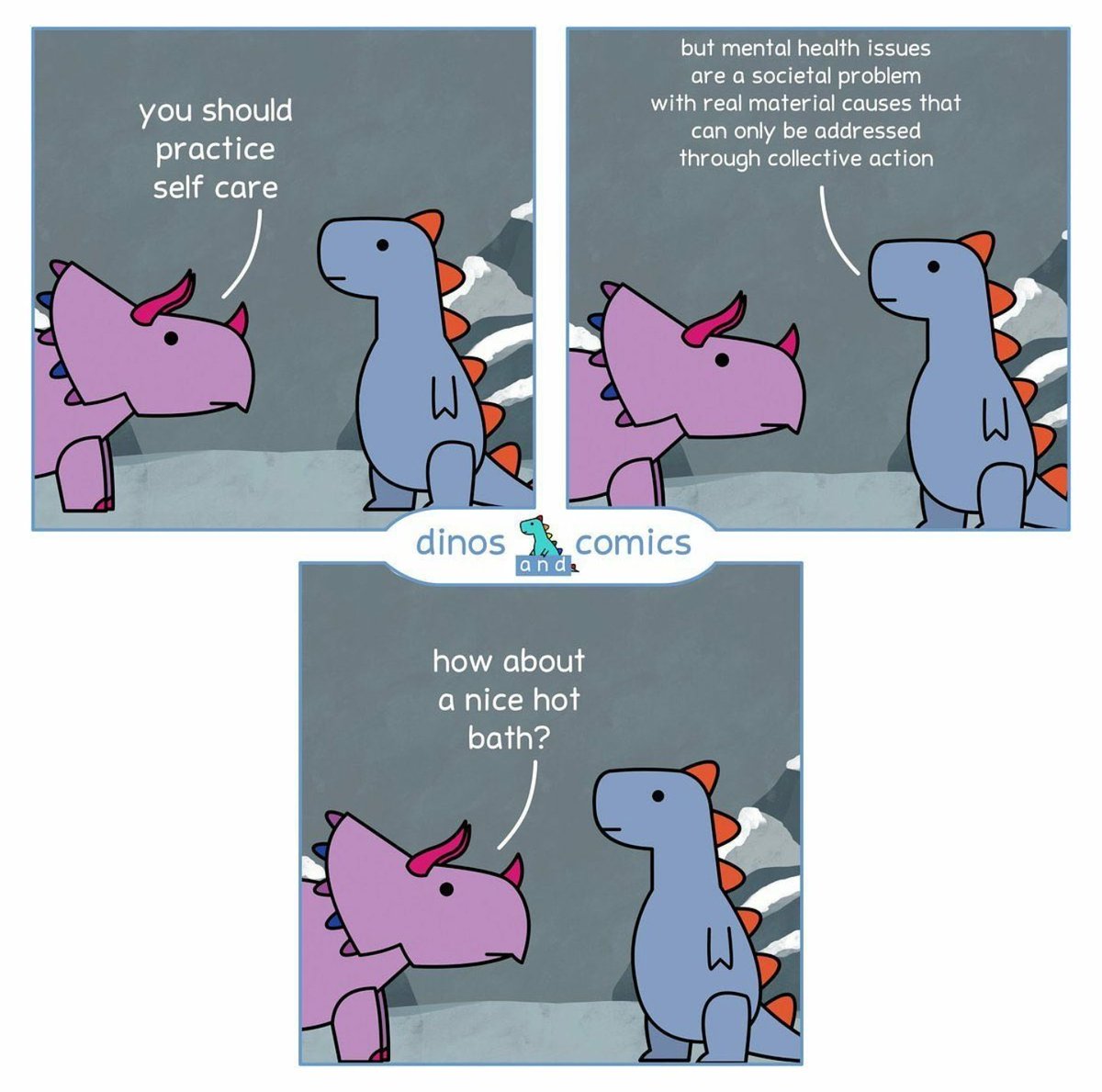 LeksiW's tweet photo. In a neoliberal society that places individual burden on social issues, this @dino_comics on mental health is more relevant than ever. https://t.co/K9F8HlCB44