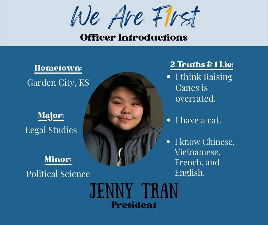 Get to know our new officers in the next week! Each introduction includes 2 truths and 1 lie. Can you guess correctly for each officer?