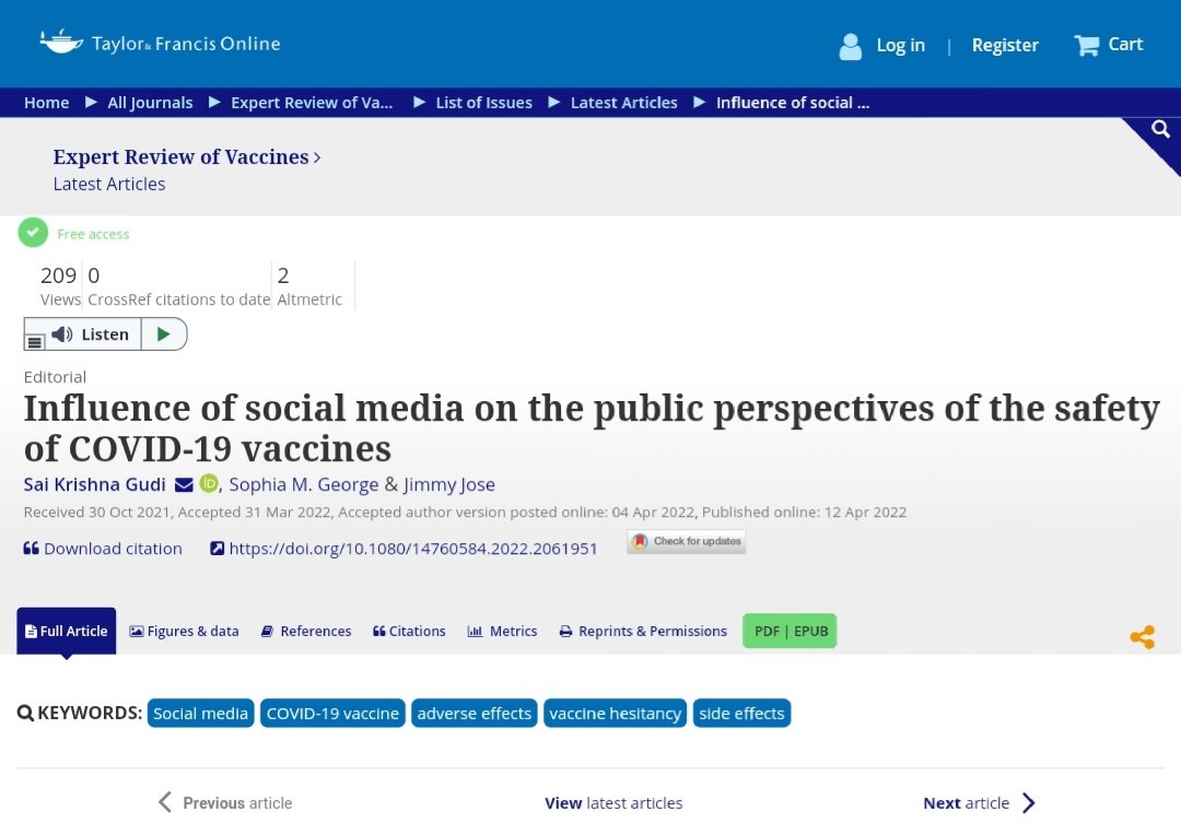 A free full-text is now available 👇🏼
"Influence of social media on the public perspectives of the safety of COVID-19 vaccines"
doi.org/10.1080/147605… 
#SocialMedia #CovidVaccine #COVID19