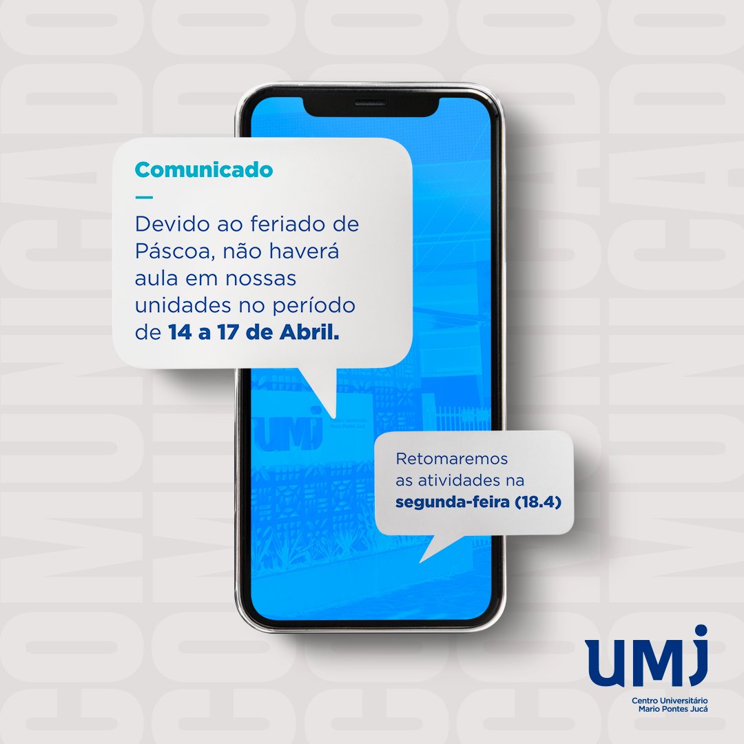 umjoficial's tweet photo. 🚨 Atenção!

Em virtude do feriado da Semana Santa, não teremos atividades acadêmicas em nossas unidades durante os dias 14.4 a 17.4.

Retomaremos as atividades administrativas na segunda-feira (18.4). https://t.co/rzddKjBAPh