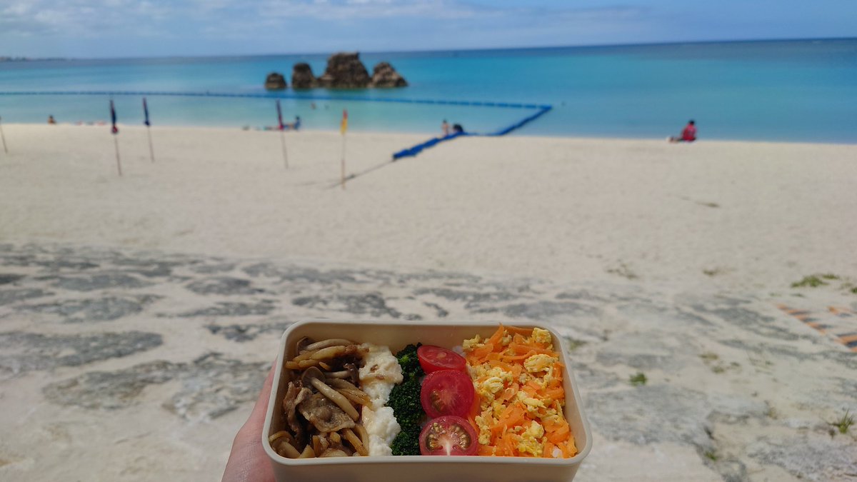 yuttarinchu's tweet photo. 昨日のランチBOXは彩りを意識してみました。ビーチはパラソルなども設置され、海水浴準備万端な沖縄でーす
#海と弁当記録 https://t.co/2ftXpk2gR1