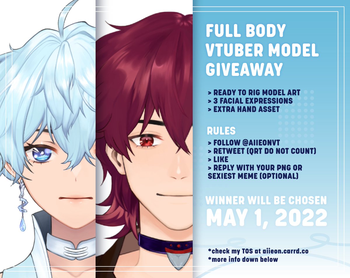 shuiinami's tweet photo. ✨FULL BODY LIVE2D GIVEAWAY✨

win a fully cut vtuber model! includes PSD file + PNG + 3 expressions + extra hand asset

RULES
💙follow me
💙retweet (QRT do not count)
💙like
💙reply with your png or sexiest meme (optional)

WINNER WILL BE CHOSEN MAY 1, 2022
#Live2D #Vtuber https://t.co/VRseb97oBB