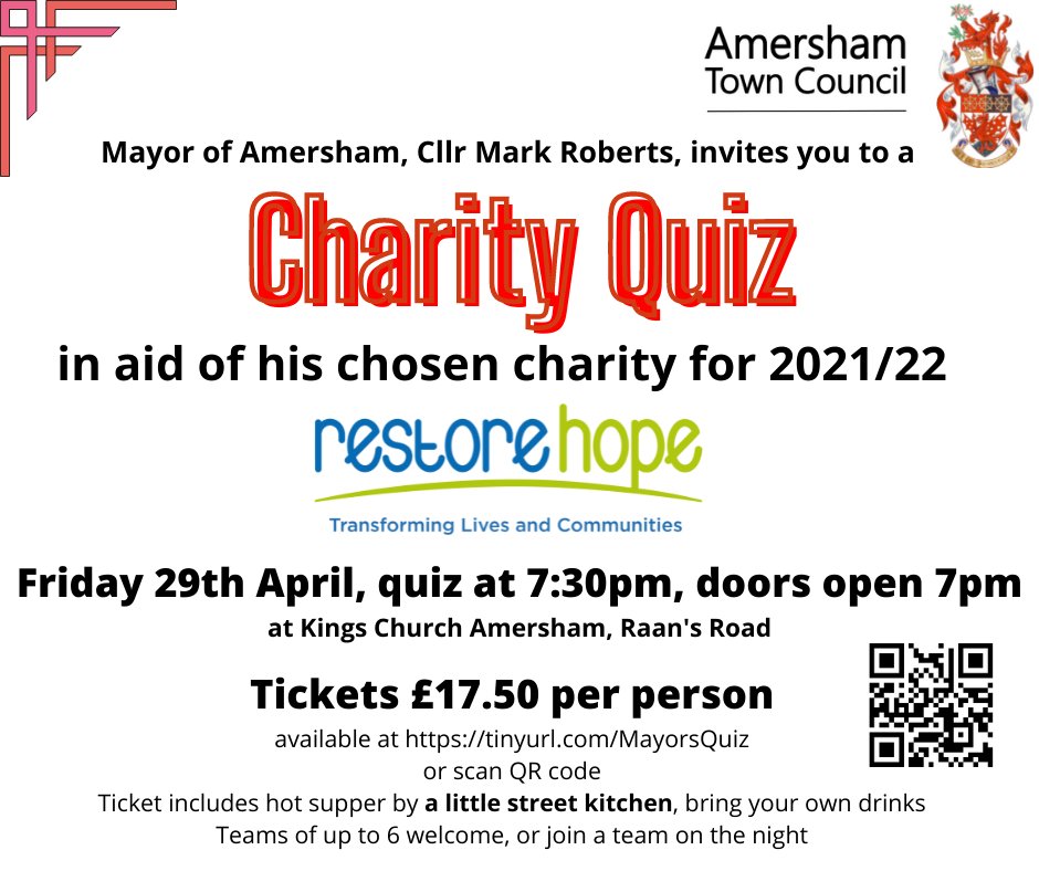 Amersham Action Group (@amershamactngp) on Twitter photo Enjoy a Quiz? Or just fancy an evening out?
Go along to the ATC / Mayor's Charity Quiz in aid of Restore Hope.
Friday 29th April at Kings Church, Amersham.
<a href="/Restore_Hope_/">Restore Hope</a>
<a href="/AmershamTC/">Amersham TC</a> Enjoy a Quiz? Or just fancy an evening out?
Go along to the ATC / Mayor's Charity Quiz in aid of Restore Hope.
Friday 29th April at Kings Church, Amersham.
<a href="/Restore_Hope_/">Restore Hope</a>
<a href="/AmershamTC/">Amersham TC</a>